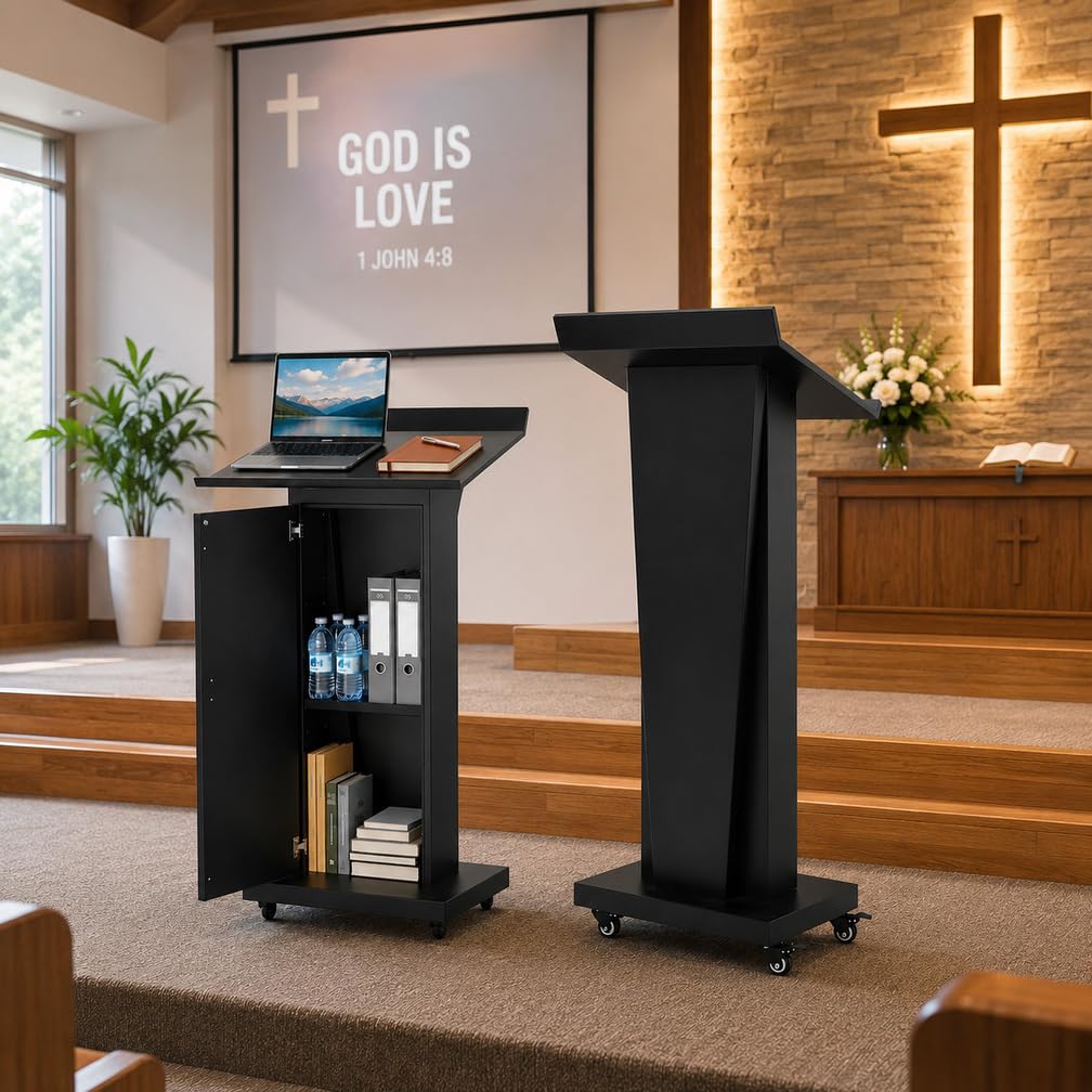 Leggio da appoggio, pulpito in Metallo Nero con 4 Ruote bloccabili, leggio Robusto con Ruote, Supporto per podio per Chiesa, Scuola, Ufficio e conferenze, 50,4 Pollici