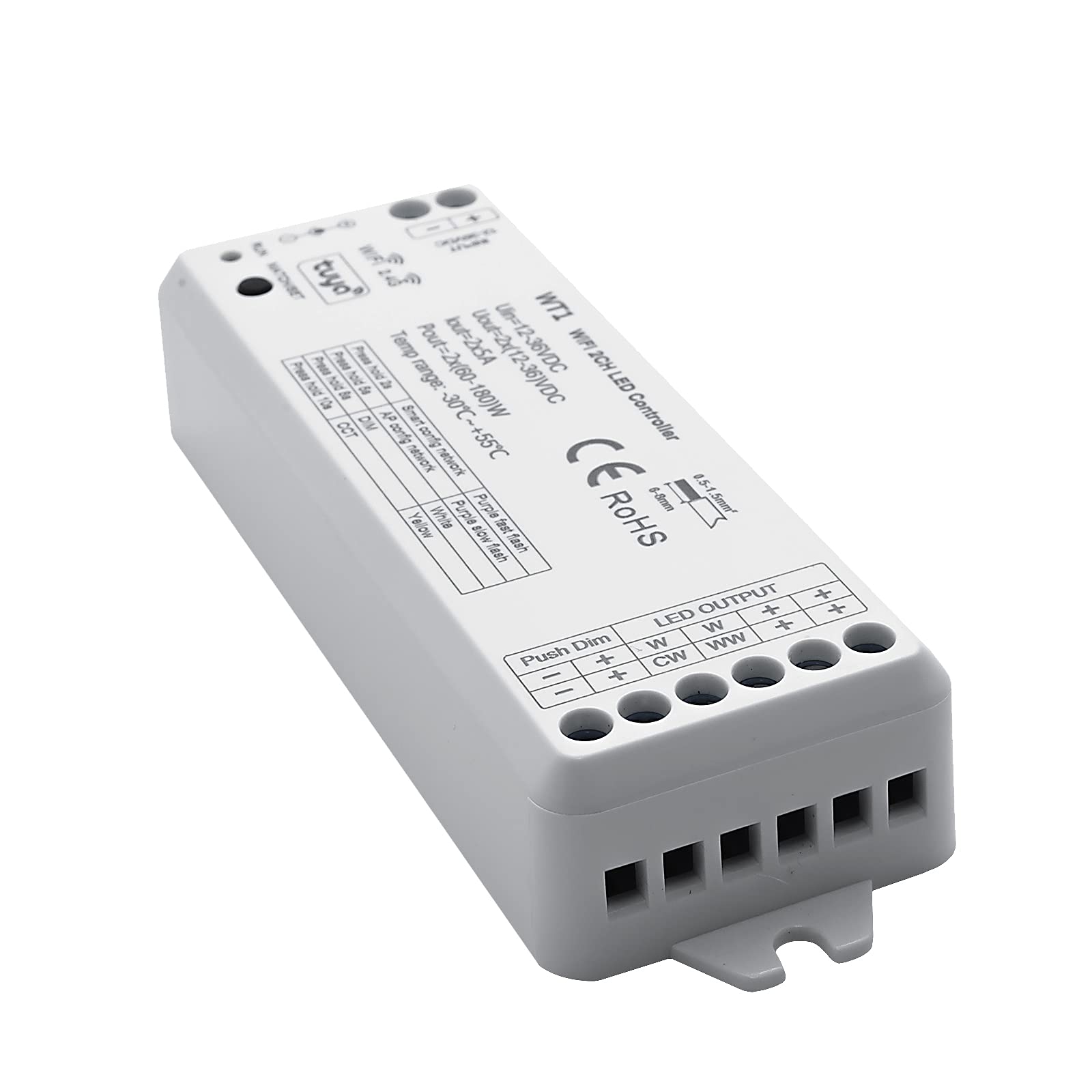 Planetitaly Controller LED WT1 WiFi per strisce faretti centralina SMART dimmer WiFi 2.4G CCT da 3000K a 6500K 2CH 12-24V APP, Smartphone, Controllo remoto, Compatibile Google Home Amazon Alexa