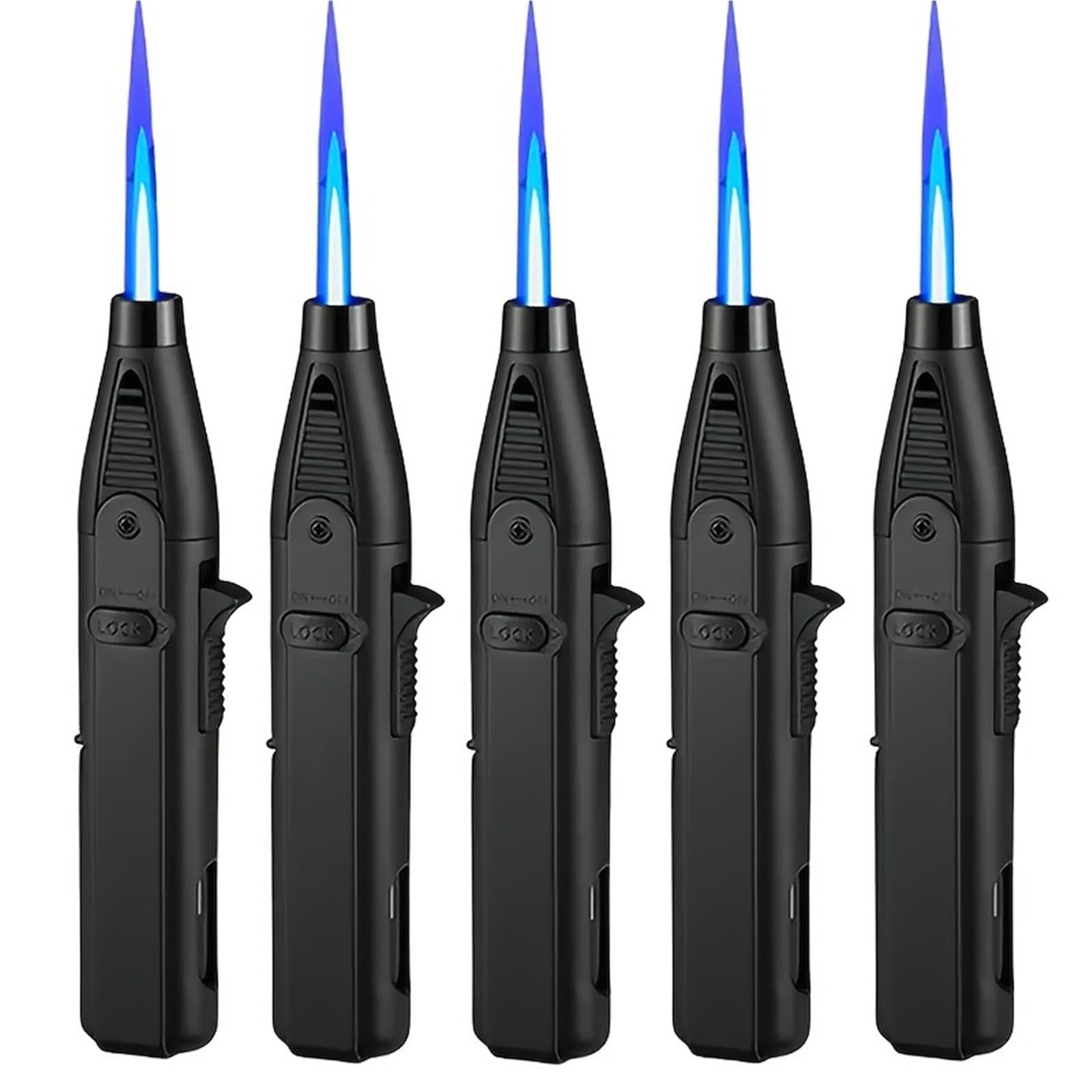 Lot de 5 briquets coupe-vent réglables au butane avec verrouillage de sécurité et allumage à 360 degrés pour le camping et la maison (carburant non inclus)