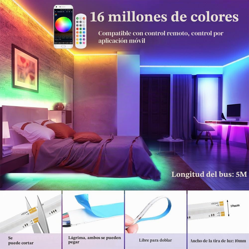 Wifi 5M Cob RGB RGB Tira LED Strip, 576led/M 2880 LED DC24V cob led strips, cadena de luces LED Compatibilidad Google Home Assistant/Alexa