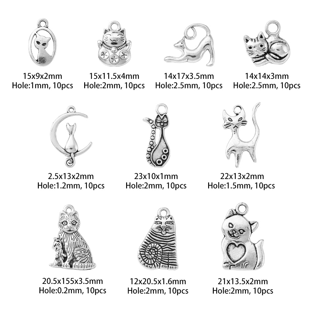 UR URLIFEHALL 100 Pcs 10 Styles Antique Silver Cat Theme Charms Cute Pet Animal Charms Pendants for Crafting DIY Jewellery Making - Image 2
