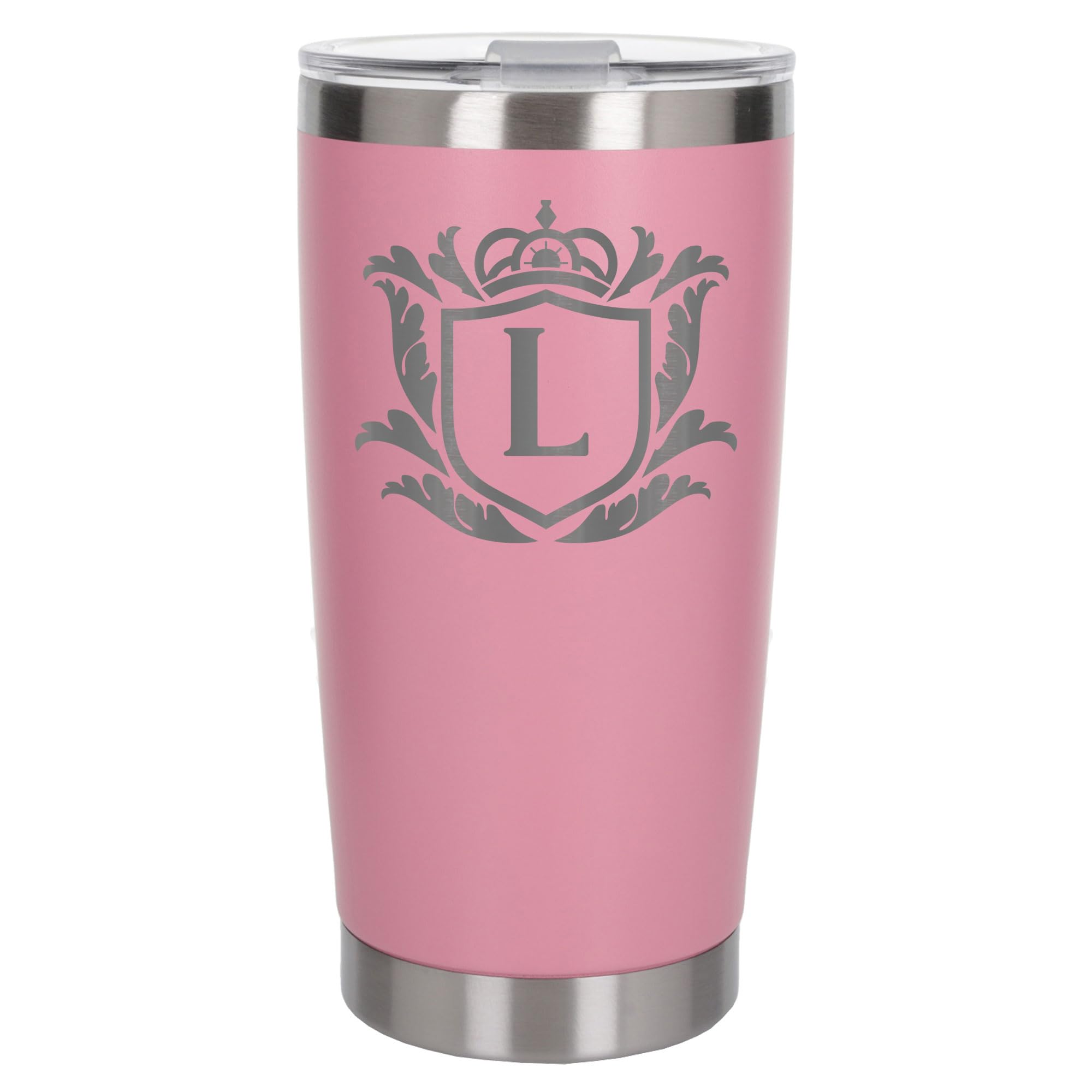Customised Gifts 500ml Engraved Shield Initial Monogram Insulated Personalised Light Pink Travel Mug for Men and Women - Personalised Initial Coffee Travel Mug for Hot and Cold Beverages, Letter L