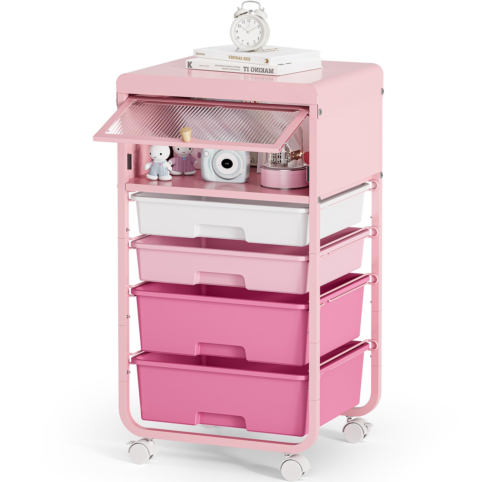 SYKIARIOL Utility-Rolling-Storage-Drawer-Craft-Cart-Organizers with 4 Drawers &amp; Dust-Proof Door for Kid Craft Art Room,Bedroom,Home Office, Classroom, Rose Pink