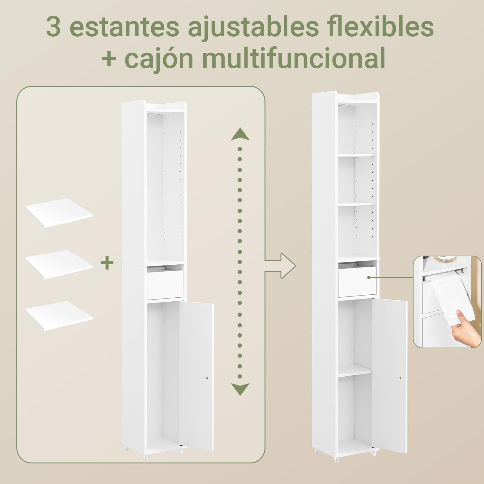 SoBuy Mueble Baño con Puerta y Cajón Estantería Multiusos 20x20x145cm | Armario Baño Estrecho, Columna Alta Mueble Auxiliar, Armario Almacenaje para Espacios Pequeños BZR34-K-W