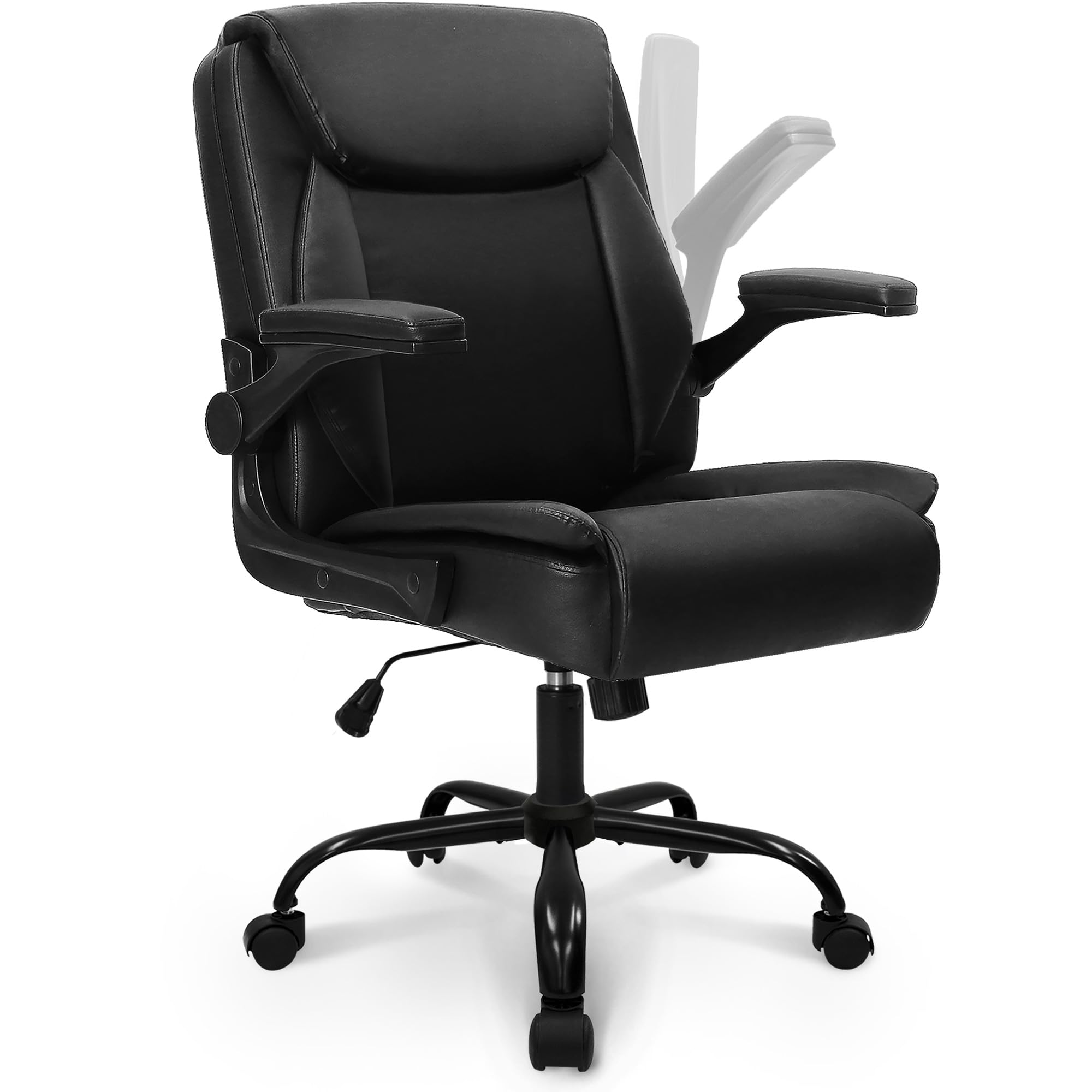 NEO CHAIR Office Desk Computer Chair Ergonomic Executive Mid-Back Leather Gaming Chair with Adjustable Flip-Up Armrests Wheels Swivel for Home Study Task (Jet Black)