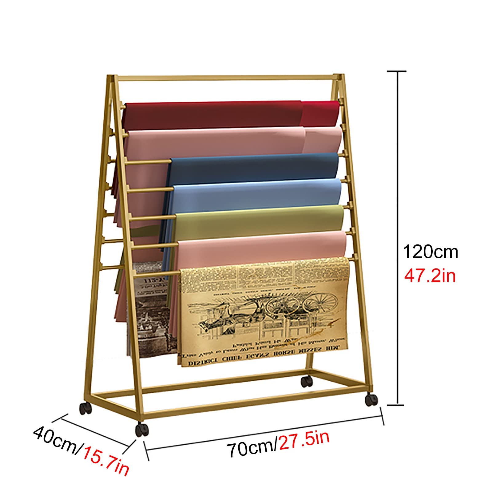 Grandi organizzatori commerciali per carta da imballaggio/carta da parati/fogli/display in tessuto, autoportante scaffale per sciarpe con supporto su ruota, oro-70 x 40 x 120 cm