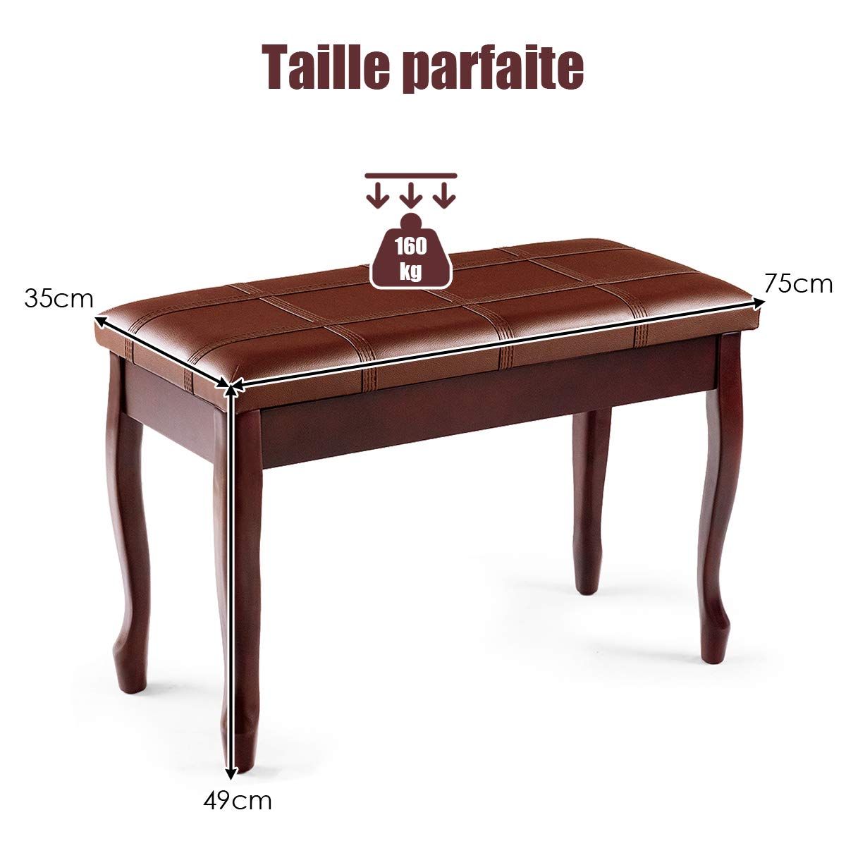 GOPLUS Banc de Piano Double en Bois Massif Robuste avec Siège Rembourré en Cuir PU, Tabouret Piano 2 Places avec Compartiment de Rangement, Charge Max 180KG (Marron, Pied Incurvé,Bande)