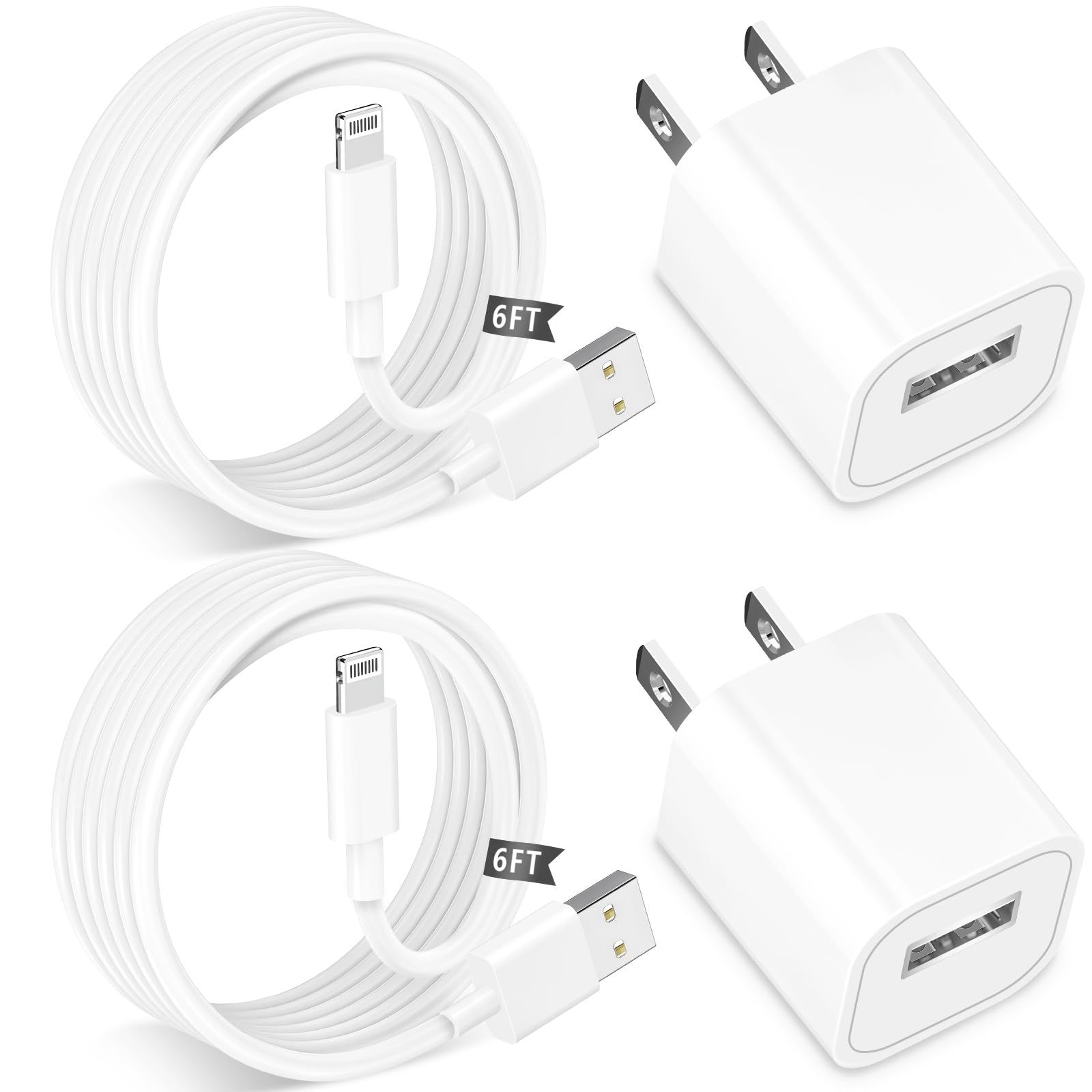 [MFi Certified] iPhone Charger, 2 Pack Long 6FT USB to Lightning Quick Charge Data Sync Cable Cord with Wall Charger Block Travel Plug Brick Adapter for iPhone