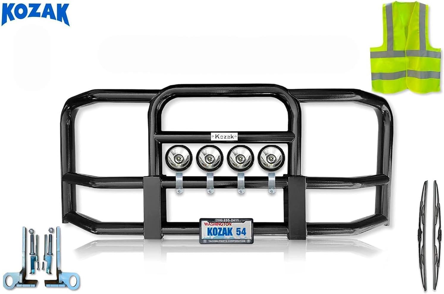 KOZAK Black Full Front Bumper Grille Deer Brush Moose Guard - Large Square - Compatible with Kenworth T680 2011-2020 Plus 4x 6" Lights, License Plate Holder and Frame, Bracket, Logo, Wipers and Vest