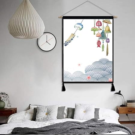 Amazon Co Jp Botocoo タペストリー壁掛け掛け軸 おしゃれタッセル付き 壁飾り 和風インテリア タペストリー 棒付きコットンとリネン布ポスター メーターボックスのカバー布 掛け軸 45cm 65cm 北海风铃 ホーム キッチン