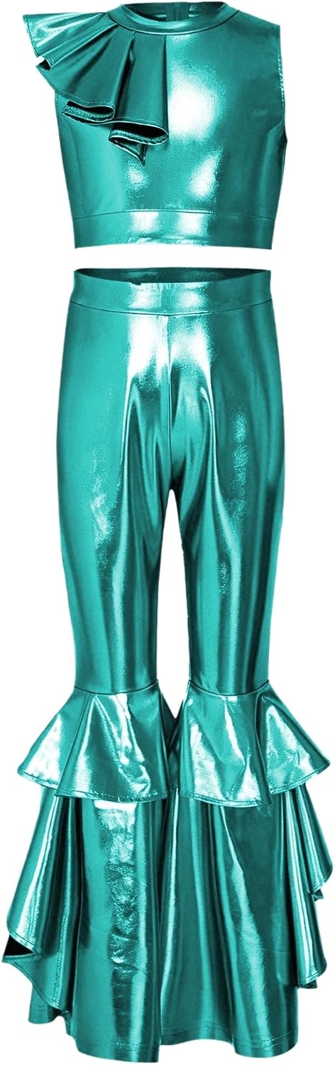 Linjinx Girls Retro Glossy Disco Set Stage Performance Outfit Groovy Clothing Workshop Convention Wear