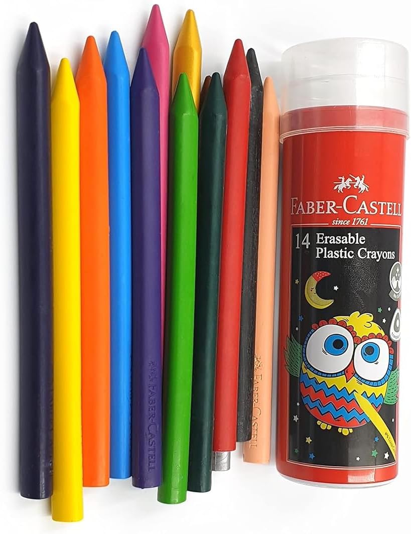 Faber-Castell Erasable Plastic Crayons Tin – 12 Shades + 2 Metallic | Smooth, Break-Resistant, Non-Toxic & Child-Safe for Kids