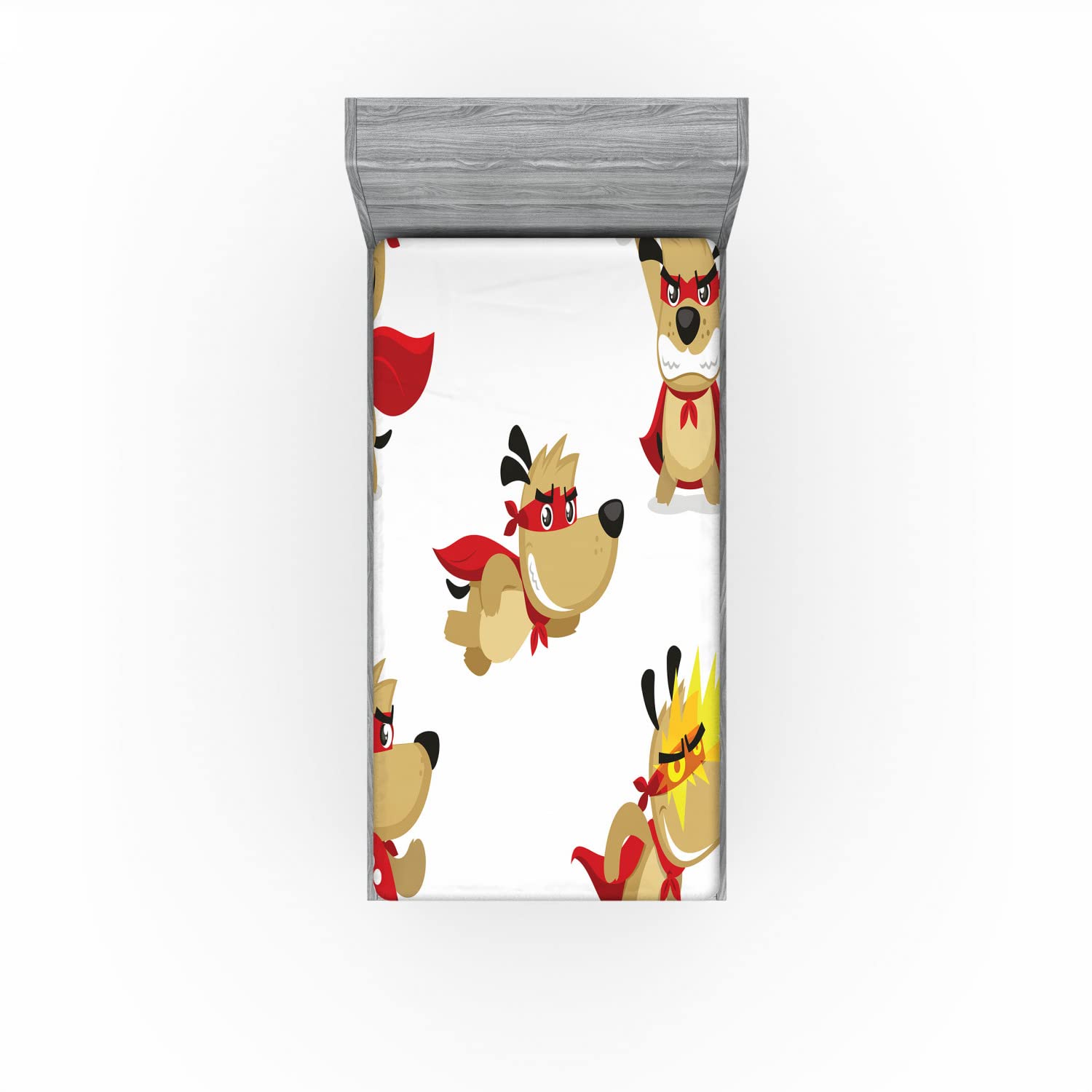 Ambesonne Animal 2 Pack Fitted Sheet, Superhero Puppy with Paw, Bed Cover All-Round Elastic Deep Pockets 2 Pieces, Package Contains 2 Twin Size Fitted Sheets, Cream Red