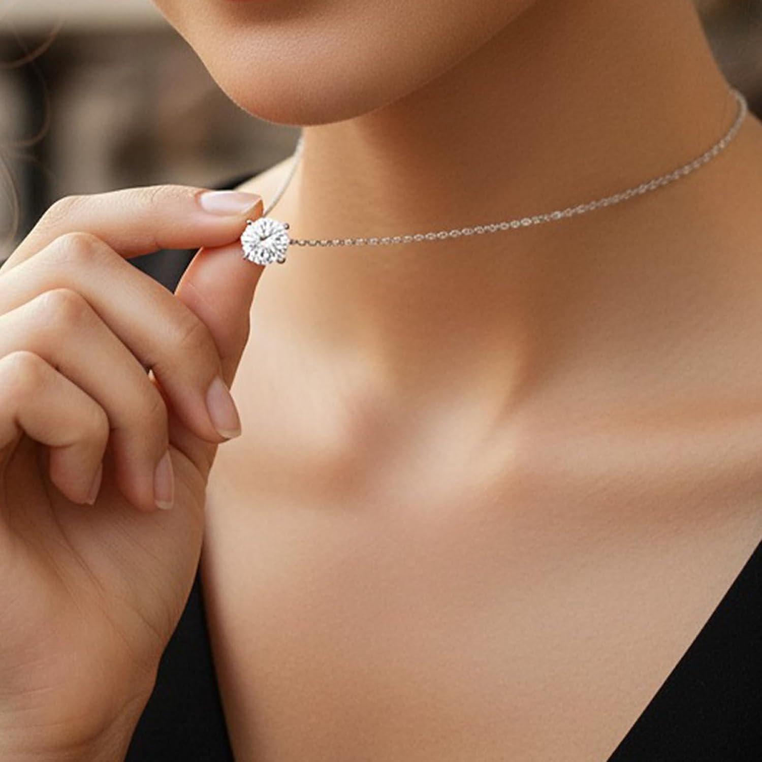 925 Sterling Silver Necklace Solitaire (6.5mm) 5A Cubic Zirconia Necklace Pendant Dainty Hypoallergenic CZ Necklaces for Women | 18"+2" Adjustable Chain - Image 4