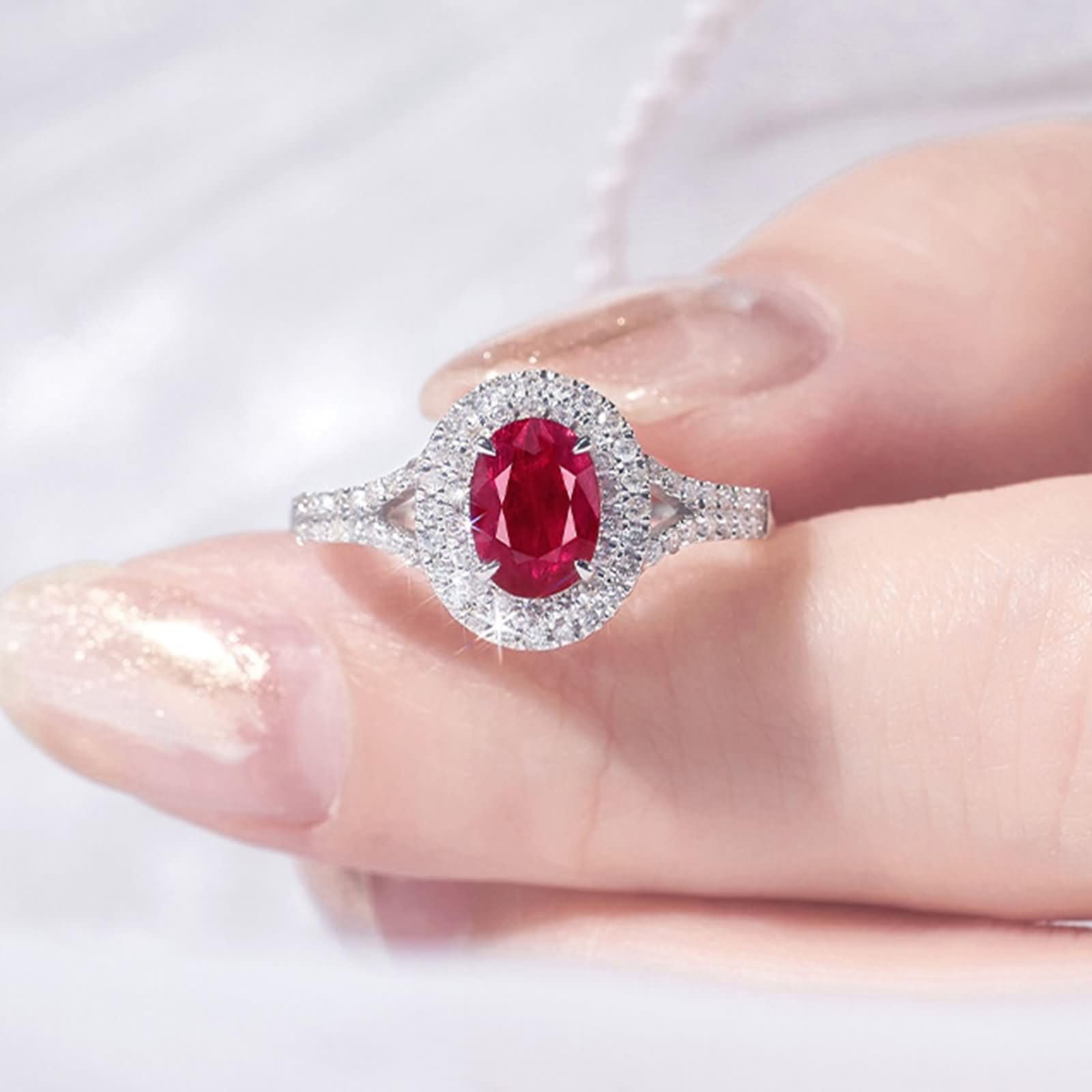 9K / 14K / 18K damskie białe złoto obrączki ślubne 4 owalne pazury z rubinem 0,7 ct i diamentem, czerwone srebrne pierścionki małżeńskie kobiety