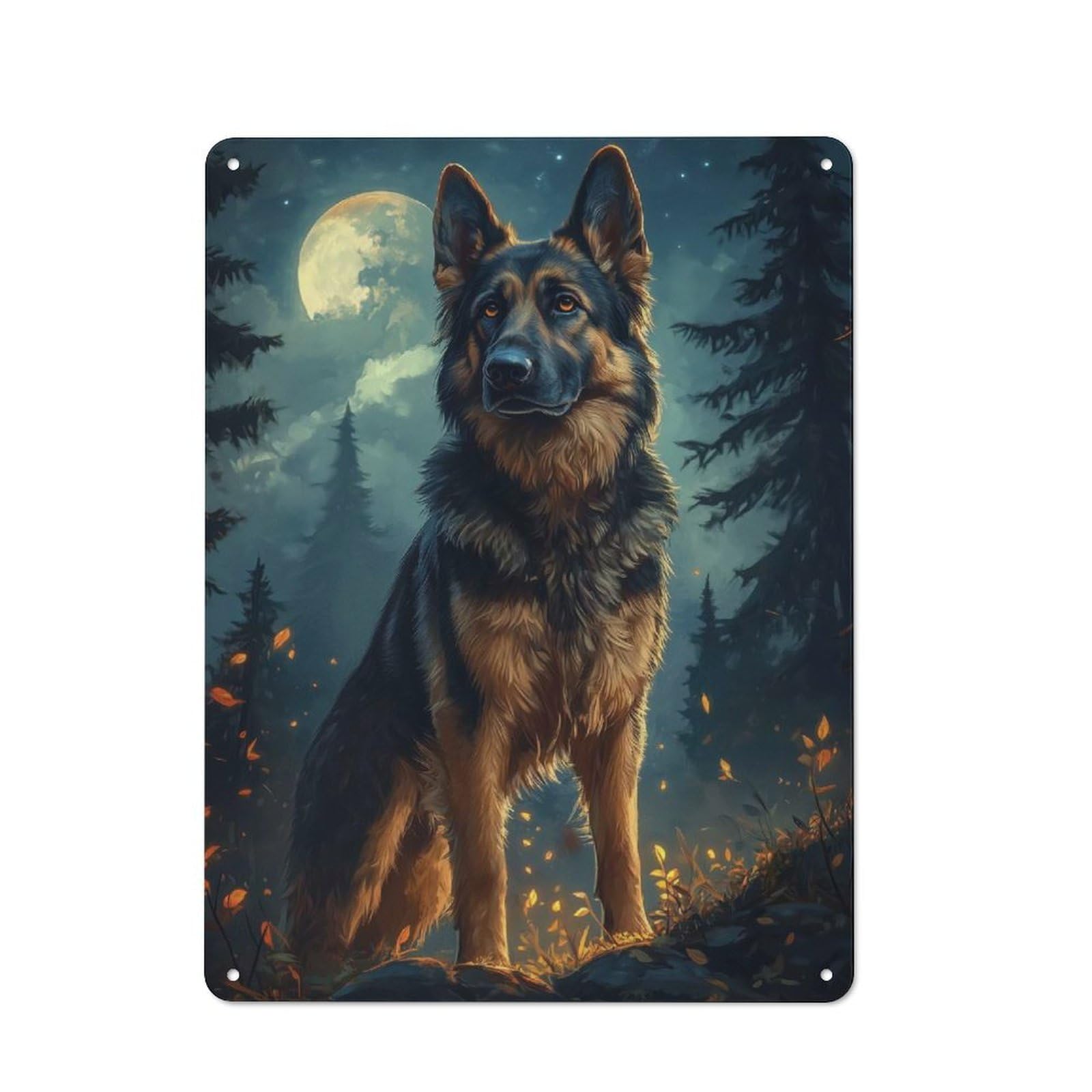 Junmoney German Shepherd Under Moonlight Classic Metal Wall Plaque 40X30cm Featuring Creative Space Decor For Workspace, Cafe, Shop Or Desk Area