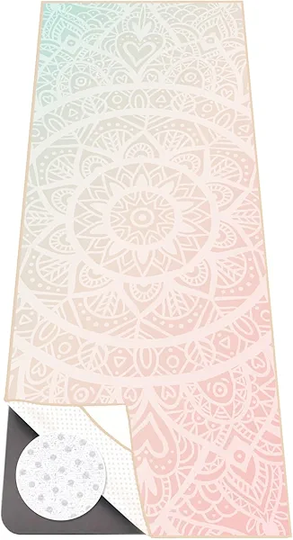 Colorful Star Yoga Towel with Corner Pockets, Non Slip Grip Dots Sweat Absorbent Hot Yoga Mat Towels, Soft Yoga Blankets with Travel Bag, Mat Cover for Workout, Gym, Fitness - 70"x26", Pink Mandala