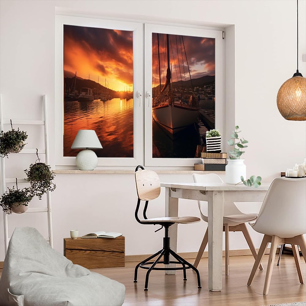 Beautiful Ocean Frosted Stained Glass Window Film Rustic Fishing Boat Colourful Sunset Privacy Window Film Self-Adhesive Glass Sticker for Home Office Decorative 35.4Wx55.1L inch x 2pcs