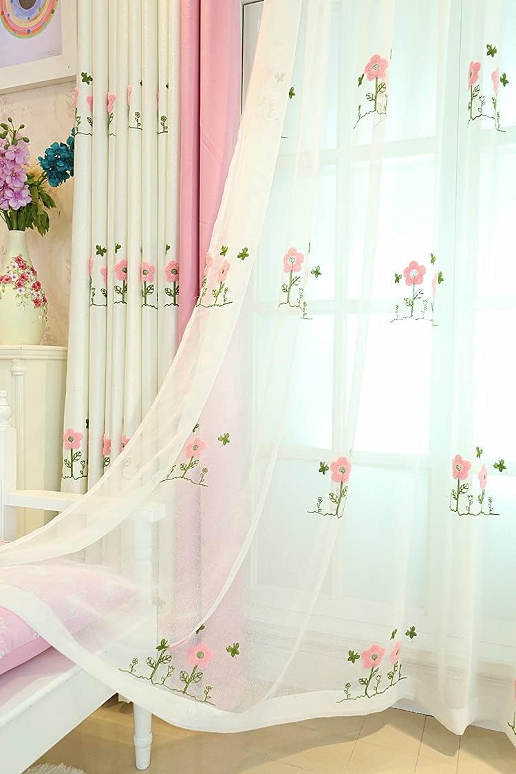 Natural Style Embroidered Voile Semi Sheer Curtains Home Decoration Beautiful Flower Butterfly Pattern Rod Pocket for Living Kids Nursery Room Bedroom(1 Panel, W 100 x L 84 inch, White)