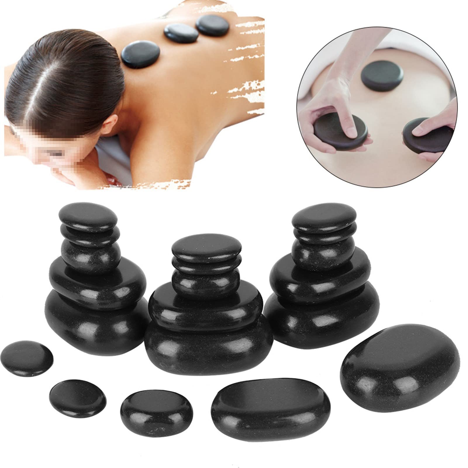 lyrlody Juego de Masaje de Piedra de Basalto Negro, 20 Piezas, Forma Ovalada, para Relajación de Pies y Nervios, con Aceite Esencial