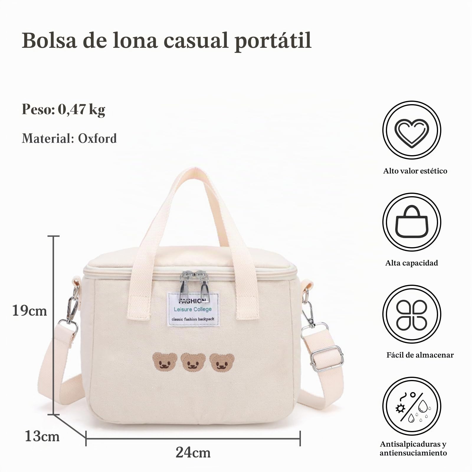 Bolsa de Almuerzo Aislada Bolsa Aislamiento Isotermica Bolsa Nevera Bolsa Comida para Mujeres Adolescentes Niño Escuela Oficina Picnic Blanco