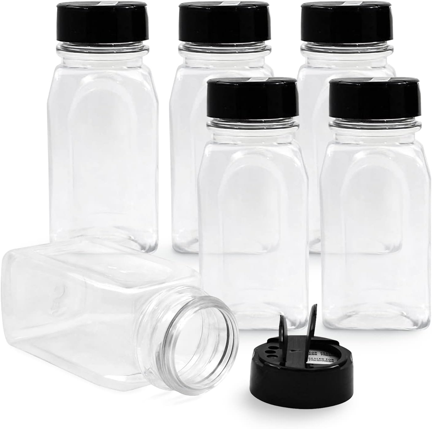 RoyalHouse 6 Pack 9.5 Oz Plastic Spice Jars with Black Cap, Clear and Safe Plastic Bottle Containers with Shaker Lids for Storing Spice, Herbs and Seasoning Powders, BPA Free, Made in USA
