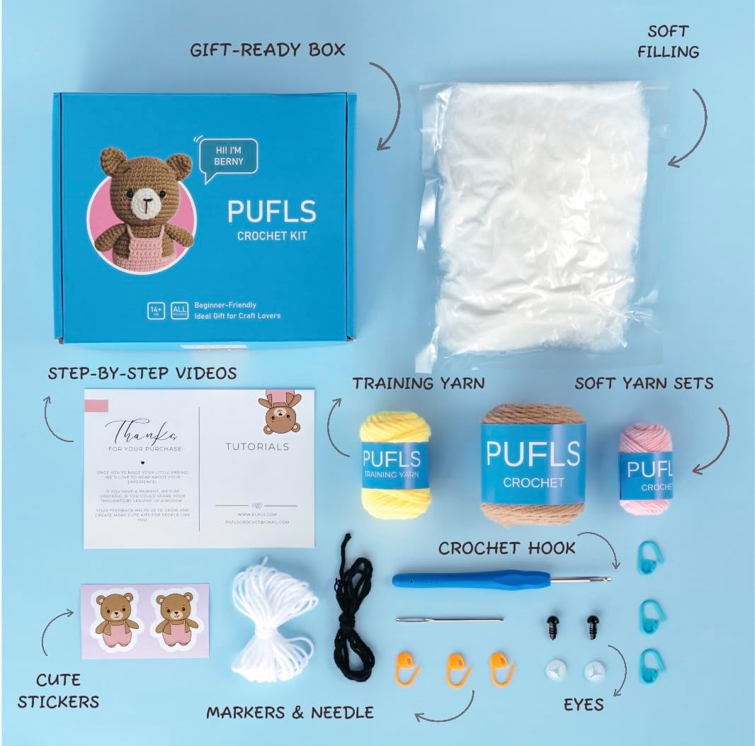 PUFLS Bear Crochet Kit for Beginners Kids, Beginner Crochet Kit for Adults and Kids with Video Tutorials, Crochet Kits with Mini Crochet Animals, Knitting Kit for Beginners and Cute Crocheting Kit
