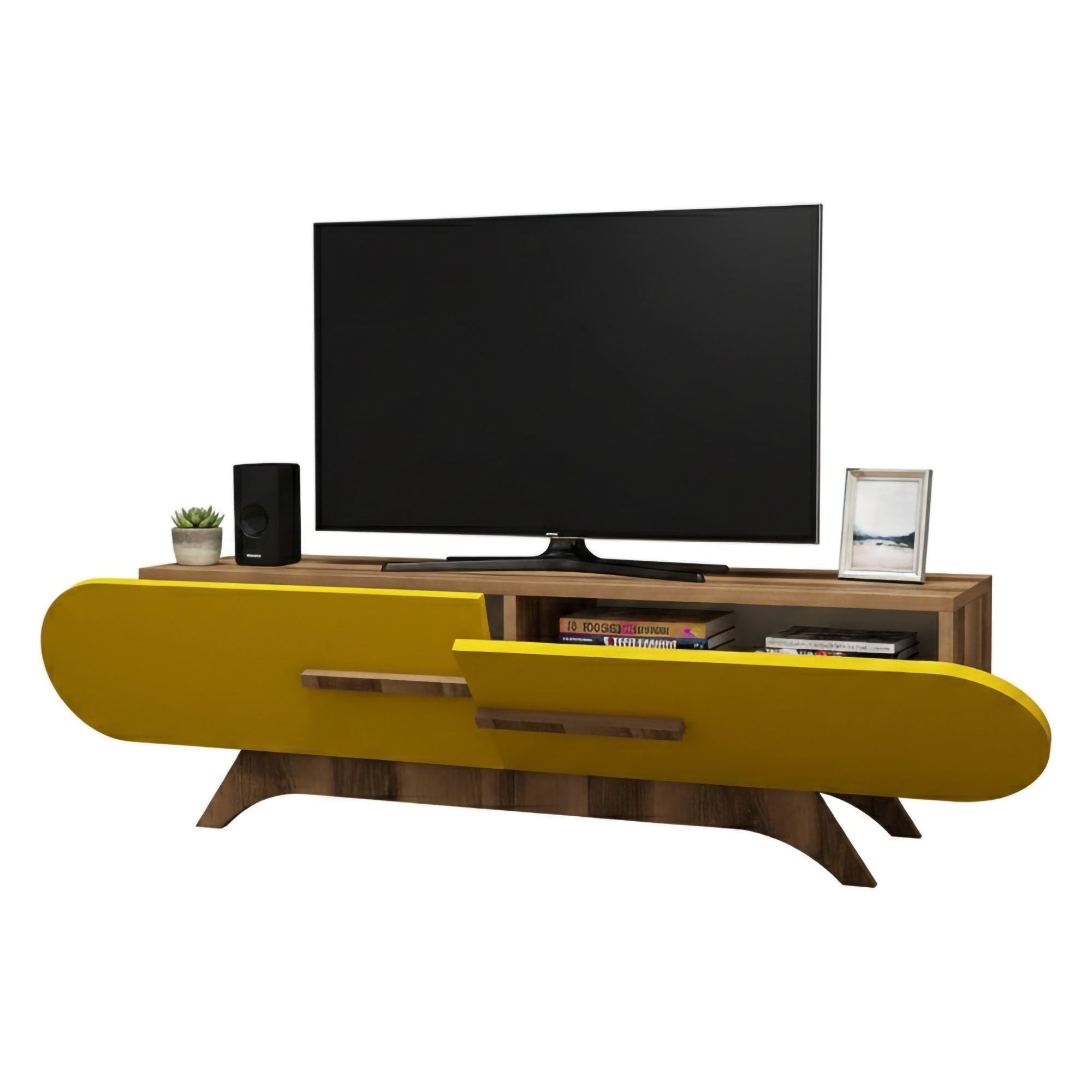 Dmora - Mobile Porta TV Praesepe, Credenza da Soggiorno, Armadio Basso per TV, Base Parete attrezzata, 145x37 h50 cm, Noce e Giallo