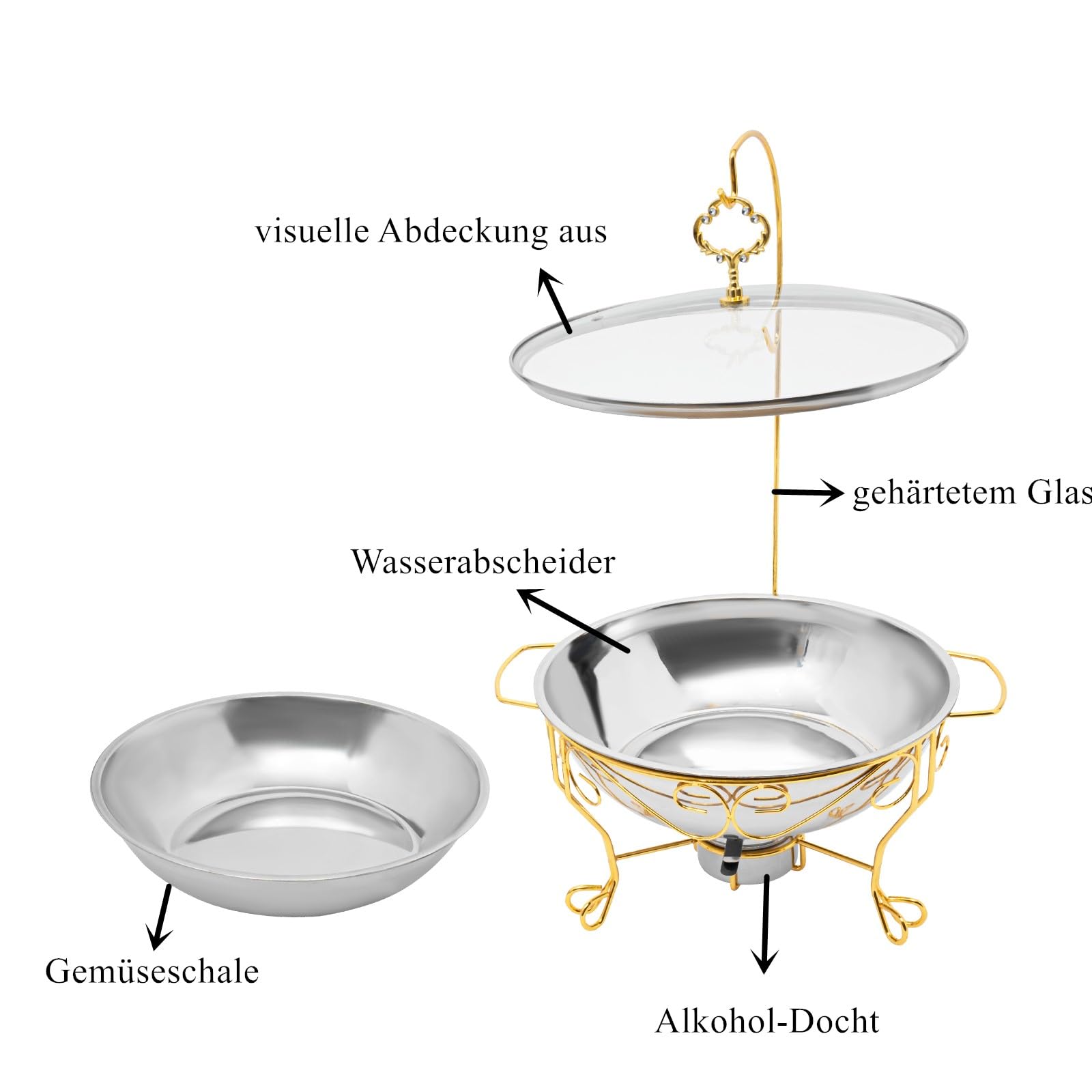 Juego de 6 litros de acero inoxidable para platos de chafing dish con tapa y antiasa, calentador de alcohol, para bufés, fiestas, restaurantes (dorado)
