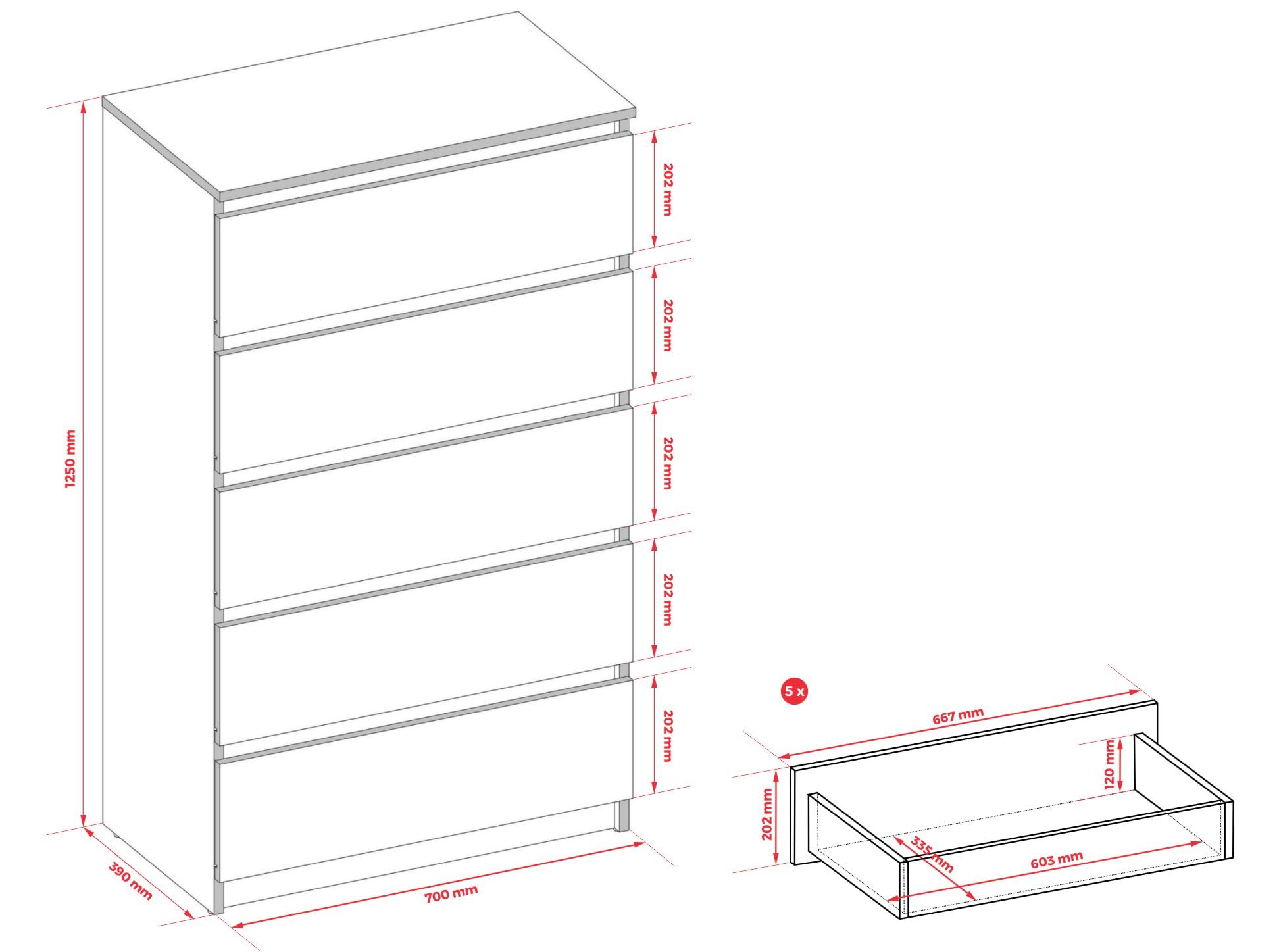 3E 3xE living.com Cassettiera, credenza con 5 cassetti, Quercia sonoma/BIANCO, D: 70 x 124 x 39 cm