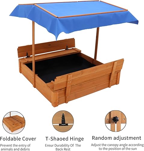 Miniatura 5 de Caja de arena de cedro de madera, cajas de arena grandes para niños con toldo ajustable, 2 asientos de banco plegables, protección contra la arena,