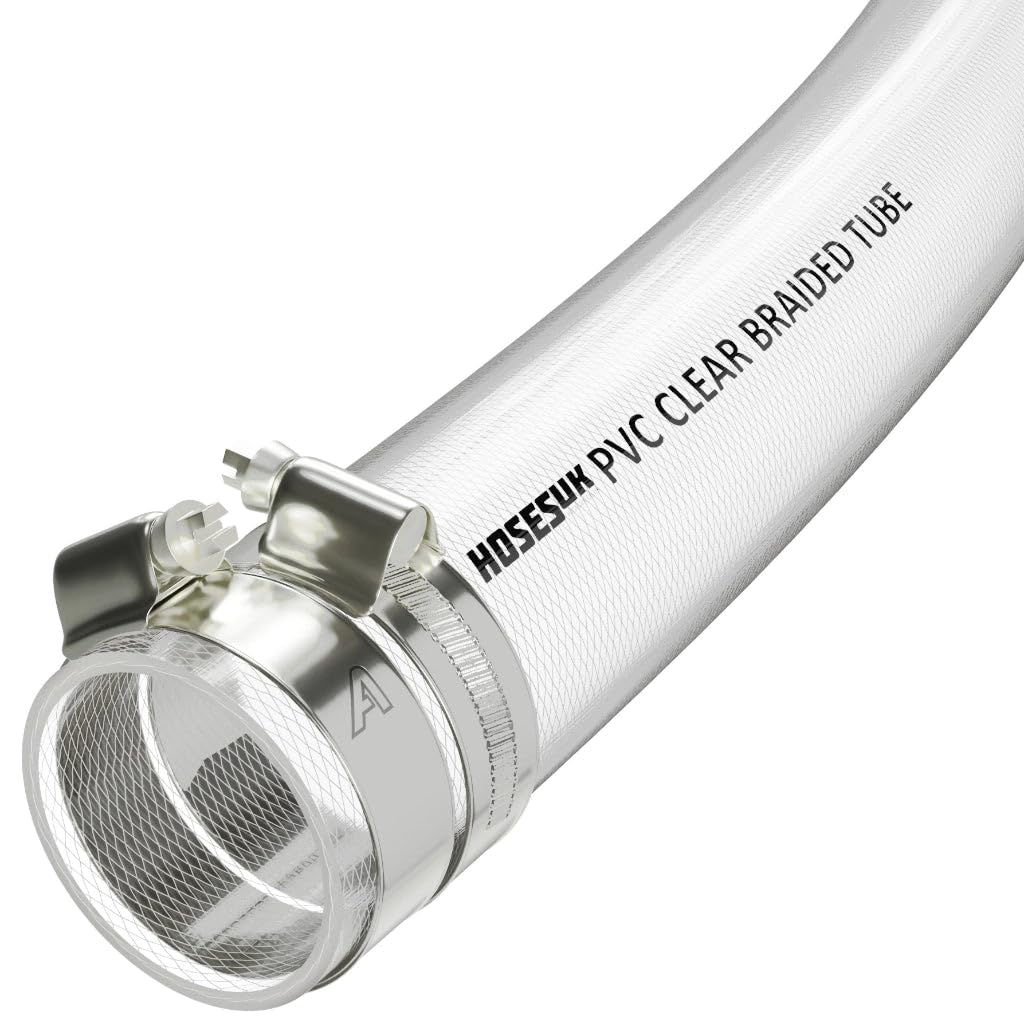 38mm (1 1/2") Braided Clear PVC Hose Tubing with 2 Pipe Clips 10m