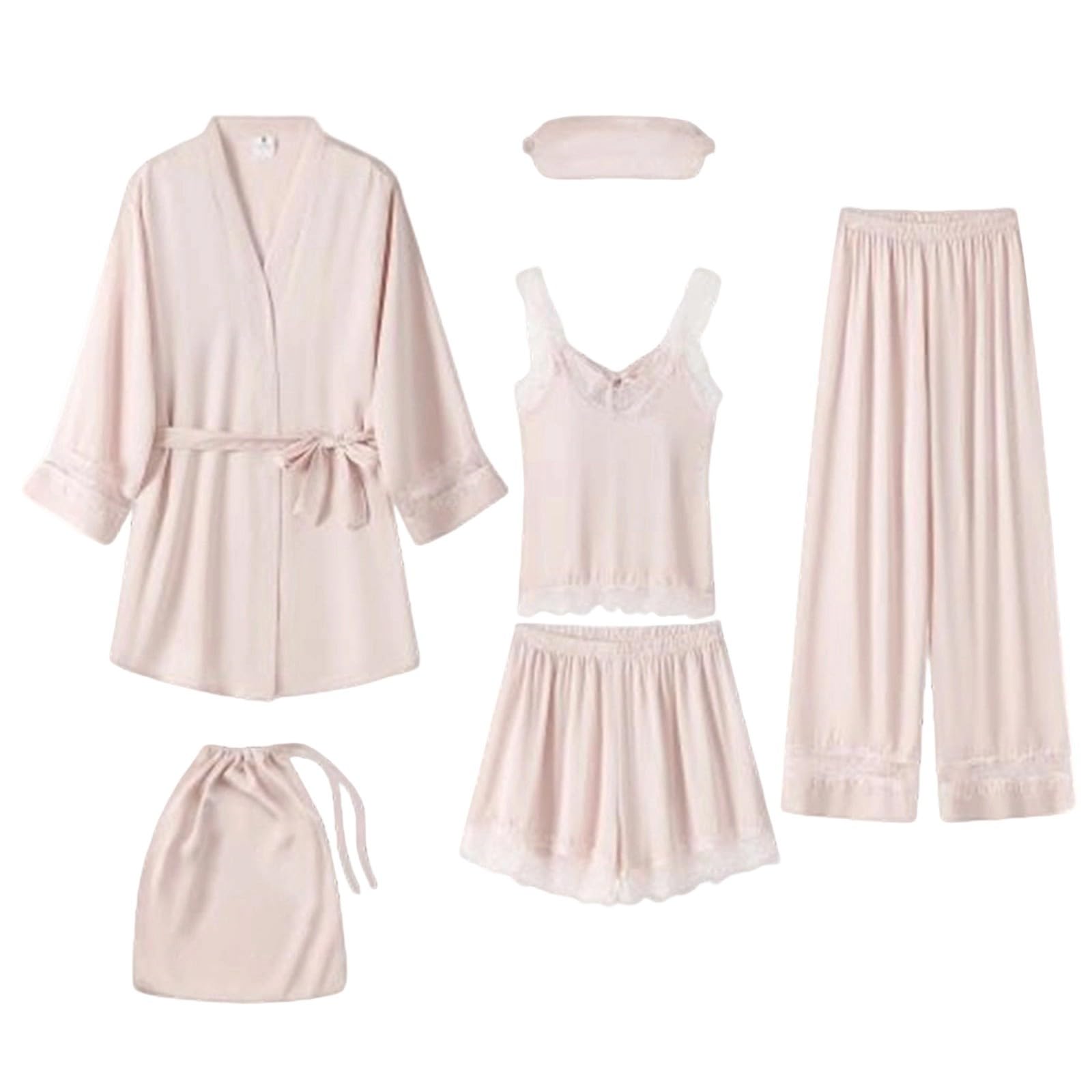 Genérico Conjunto Pijama Mujer Rayas 4 Piezas Ropa Dormir Mujer Casual Camiseta Pantalón Accesorios Cómodos para Casa