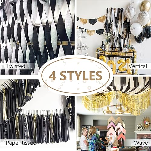 Image of PartyWoo Crepe Paper Streamers 6 Rolls 492ft, Pack of Crepe Paper in Black and Gold Color, Black and Gold Streamers, Crepe Paper for Birthday Decorations, Party Decorations (1.8 in x 82 Ft /Roll)