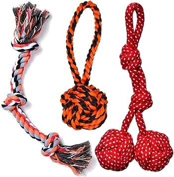 PETZLUV Dog Chew Toys for Puppy Teething Dog 3 Knot Rope | 2 Ball Handle Toy | Interactive Puppies Toys for Small to Medium Breeds Dogs - Color May Vary
