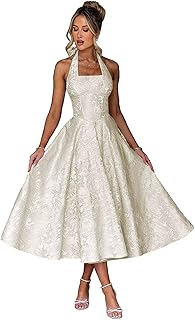 Jacquard Satin Prom Dresses 2025 with Bow A-line Midi Halter Square Neck Formal Party Gowns with Pockets - Buy now