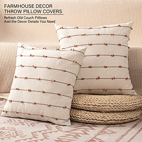Boho Throw Pillow Covers 18X18 Set Of 2 Modern Farmhouse Decorative Cushion Case Tufted Natural Linen Square Pillows Cover Neutral Pillow Cases Accent Pillowcase For Sofa, Couch, Bed, Beige And Brown #TOP2