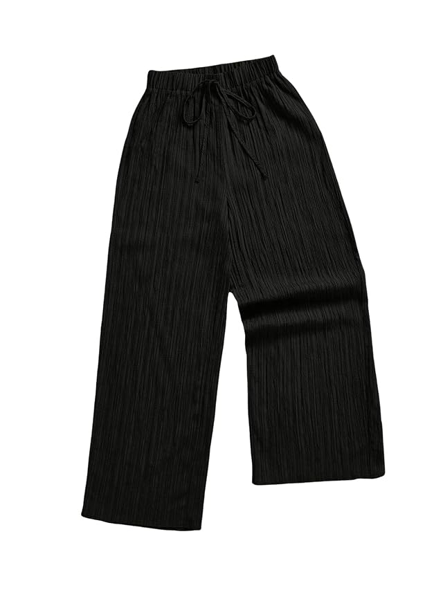 WDIRARA Womens Textured Drawstring Waist Wide Leg Pants Loose Palazzo Pants
