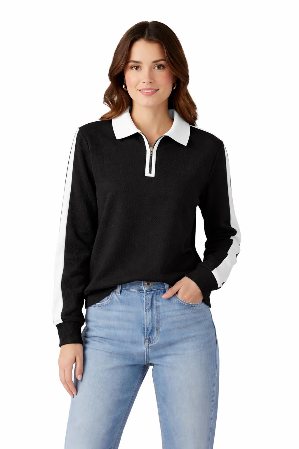 Women’s Polo T-Shirt with White Contrast Collar | Short Sleeve Zipper Neck Casual Top | Smart Casual T-Shirt for Women