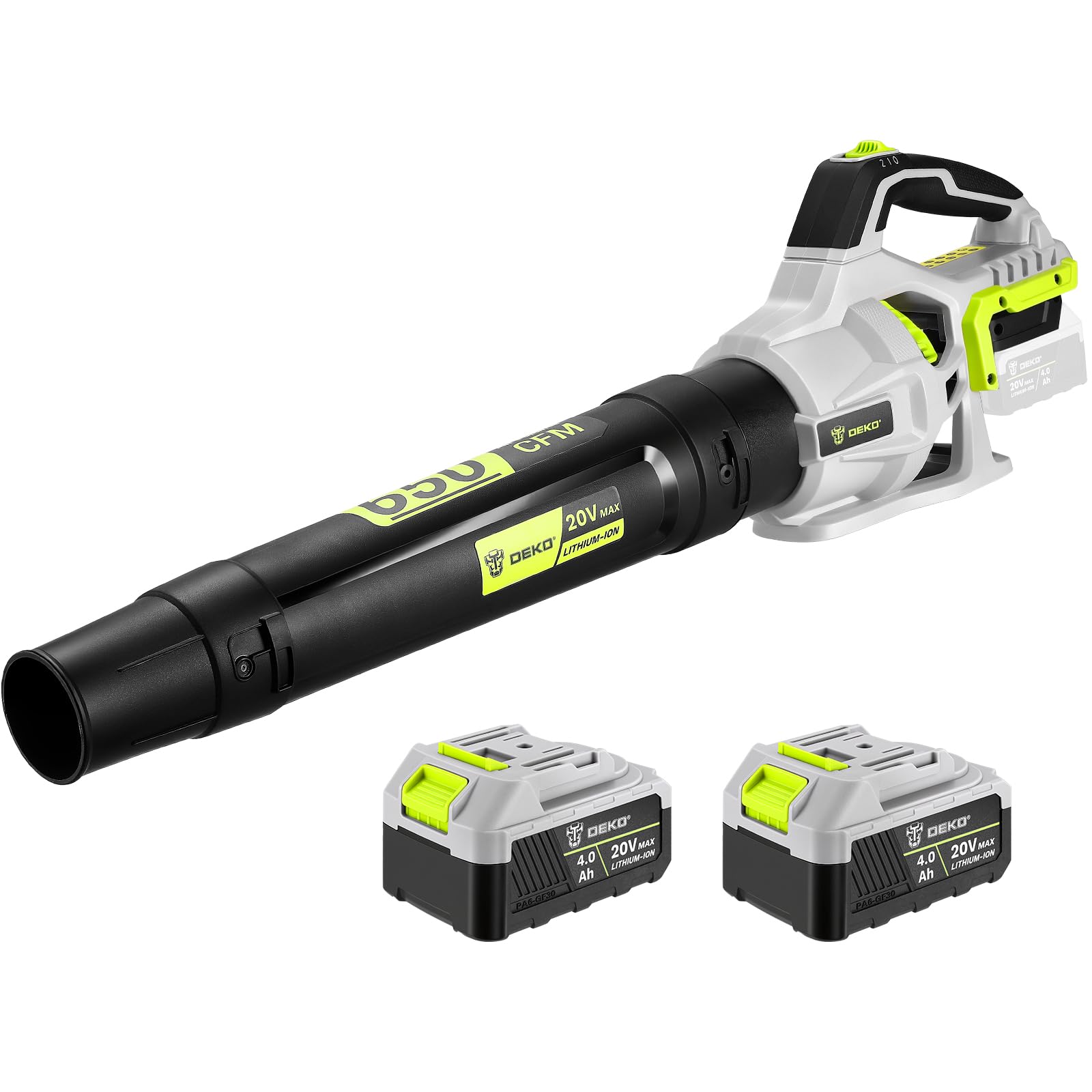 DEKOPRO Soplador de Hojas Inalámbrico de 20 V, Incluye 2 Baterías de 4,0 Ah, 650 CFM de Caudal, 2 Velocidades, Soplador de Hojas para Portales, Jardines, Limpieza de Hojas Caídas y Nieve
