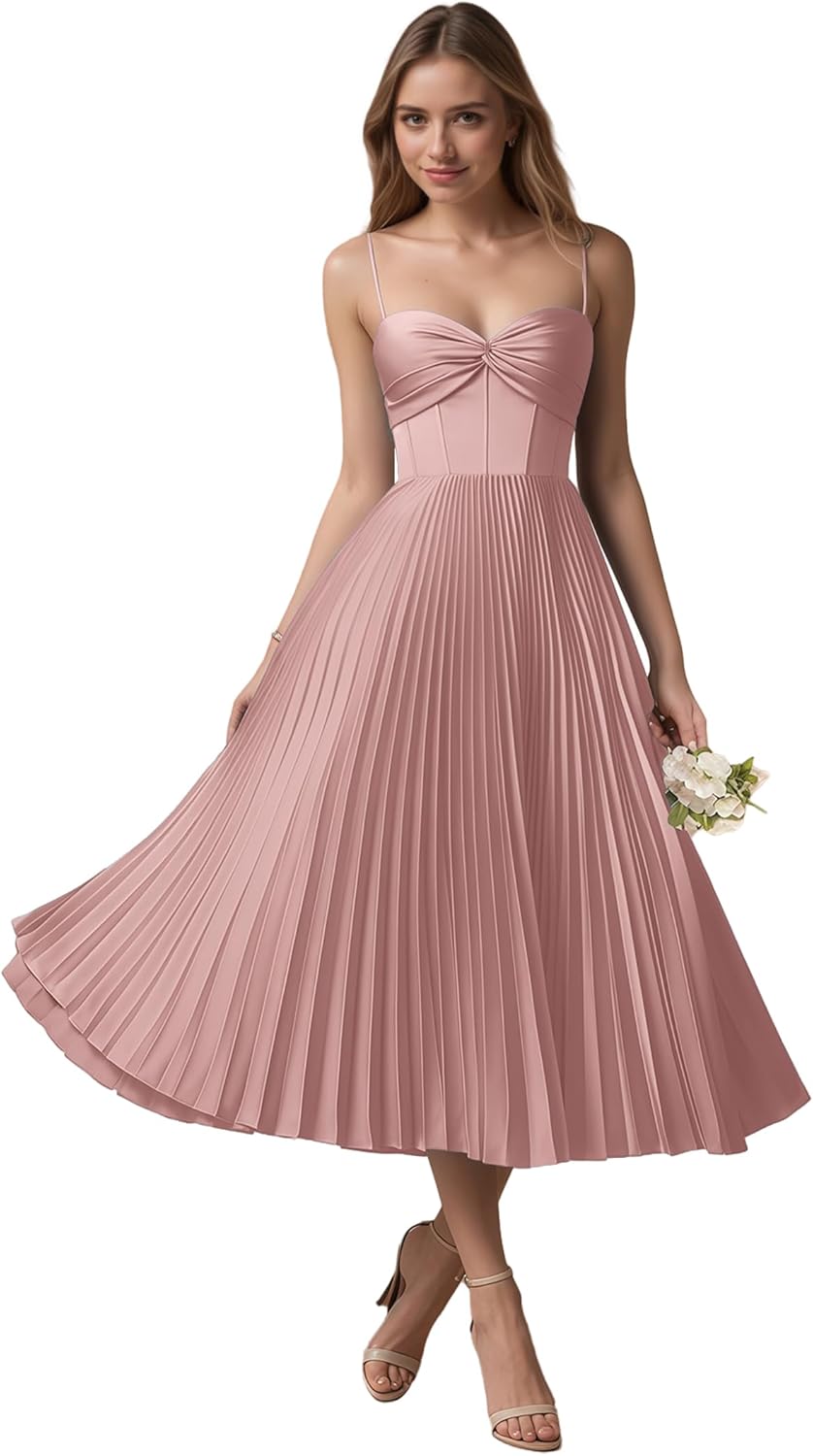 Spaghetti Straps Satin Bridesmaid Dresses for Women A Line Pleated Tea Length Formal Midi Evening Gowns