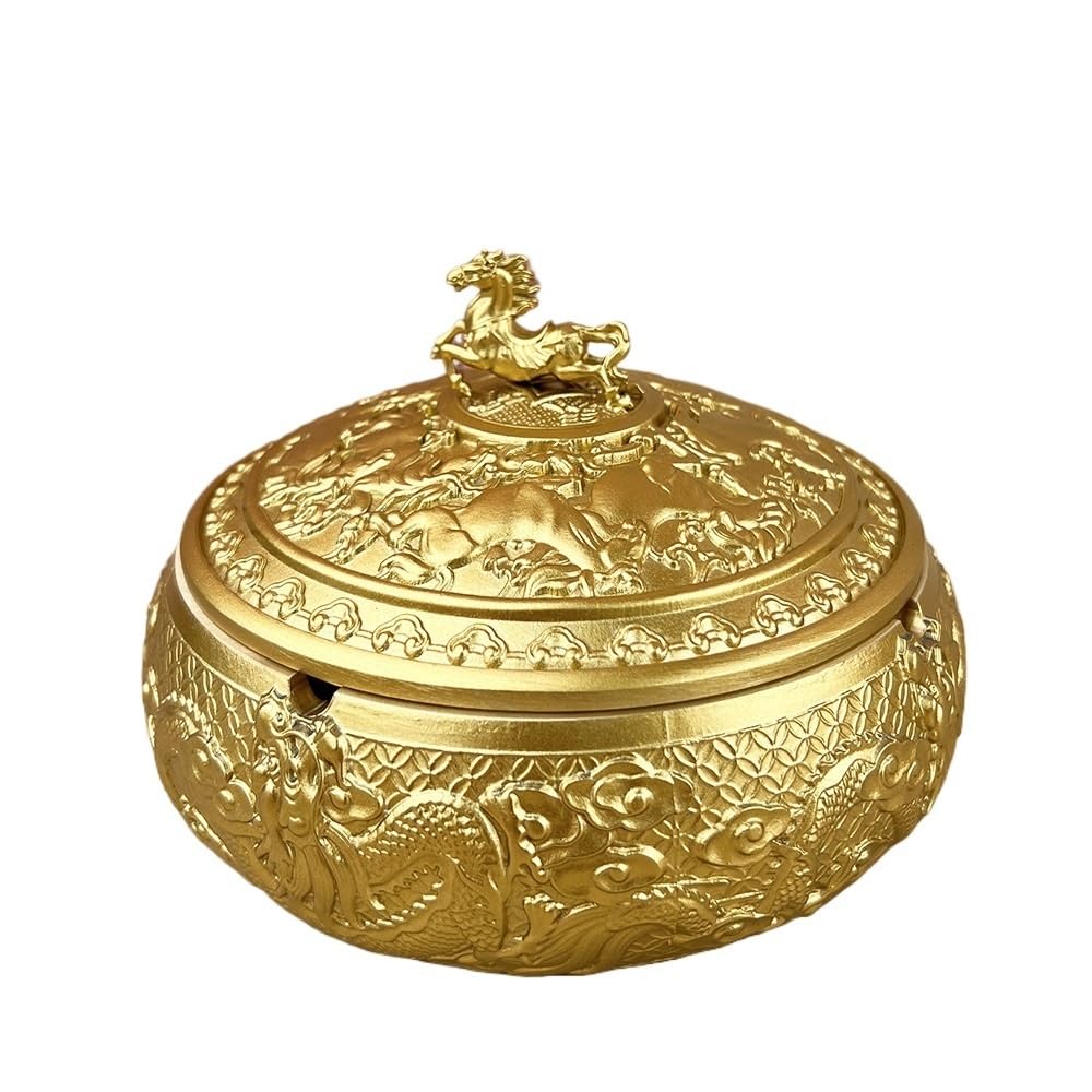 DCYEQRQ Ash Tray Longma Ashtray with Cover Copper Ashtray Storage Home Office Living Room Tea Table Chinese Solid Cigarette Tray