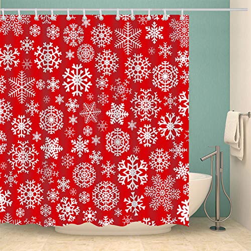 Broshan Christmas Red Shower Curtain, Christmas Holiday Shower Curtains For Bathroom, Xmas Winter Snowflakes Shower Curtain With Hooks #TOP6