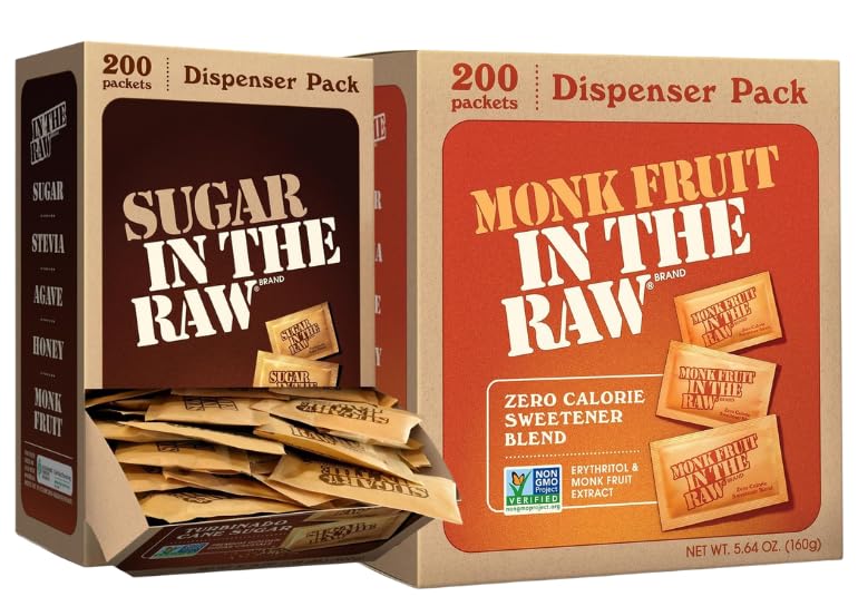 In the Raw Sweetener Packets Bundle (Raw Sugar + Monk Fruit w/Erythritol) – Kosher, Vegan & Keto Certified, 200 Packets Ea