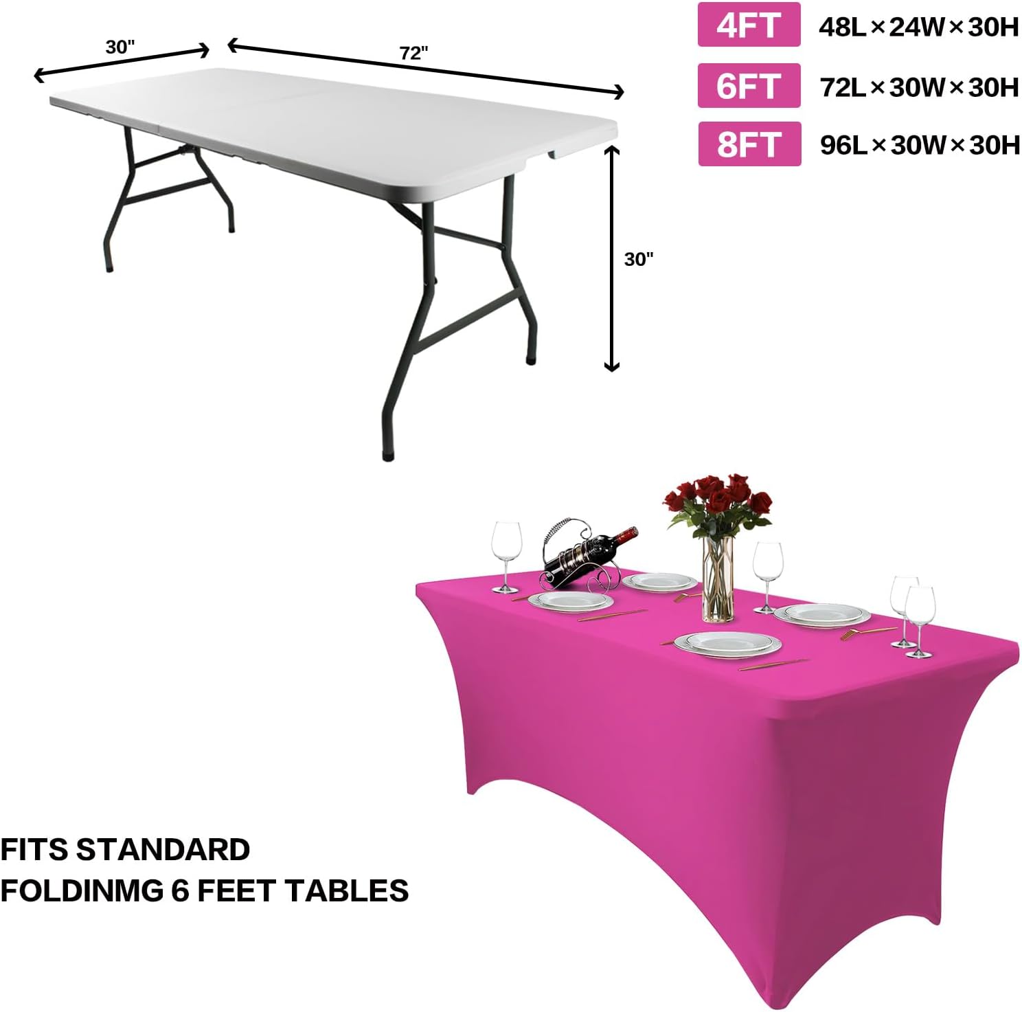 2 Pack 4FT Table Cloth for Rectangle Table Hot Pink Tablecloth Rectangular Fitted Stretch Spandex Table Covers 4 ft for Birthday, Cocktail, Wedding, Banquet Spring Summer Outdoor Party