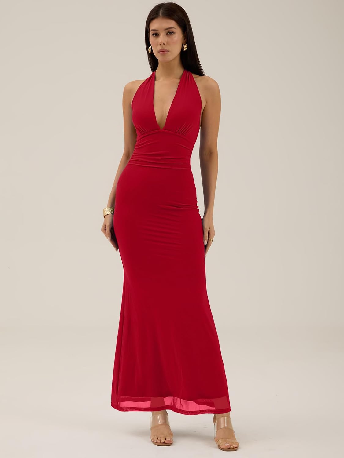 Prinbara Womens Summer Halter Deep V Neck Formal Bodycon Maxi Dresses 2026 Backless Mesh Wedding Guest Cocktail Long Dress