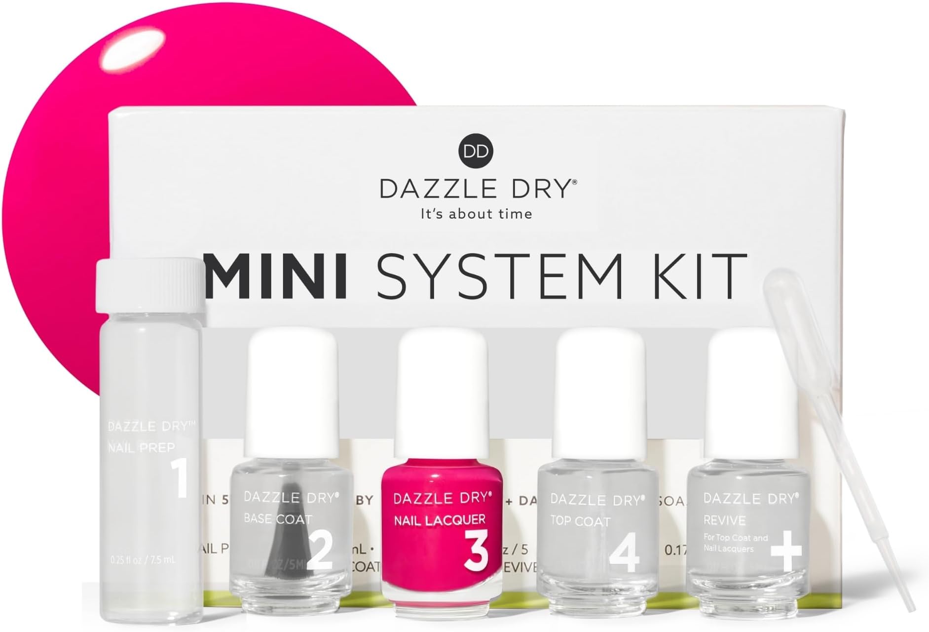 Dazzle Dry Mini Kit 4 Step System - Heart of Fire, a beautiful bright hot pink. Full coverage, cream. (5 Piece Kit / 5 Manicures)
