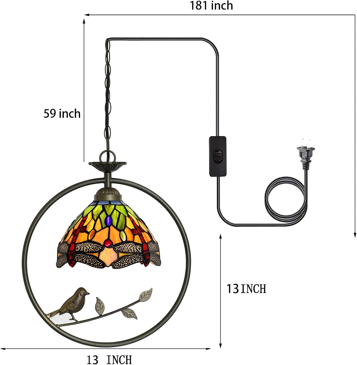 Tiffany Stained Glass Pendant Lamp with Bird Hanging Light Chandelier in Multicolor with Adjustable Hanging Cord for Dining Room Bedroom Restaurant (Red Dragonfly)
