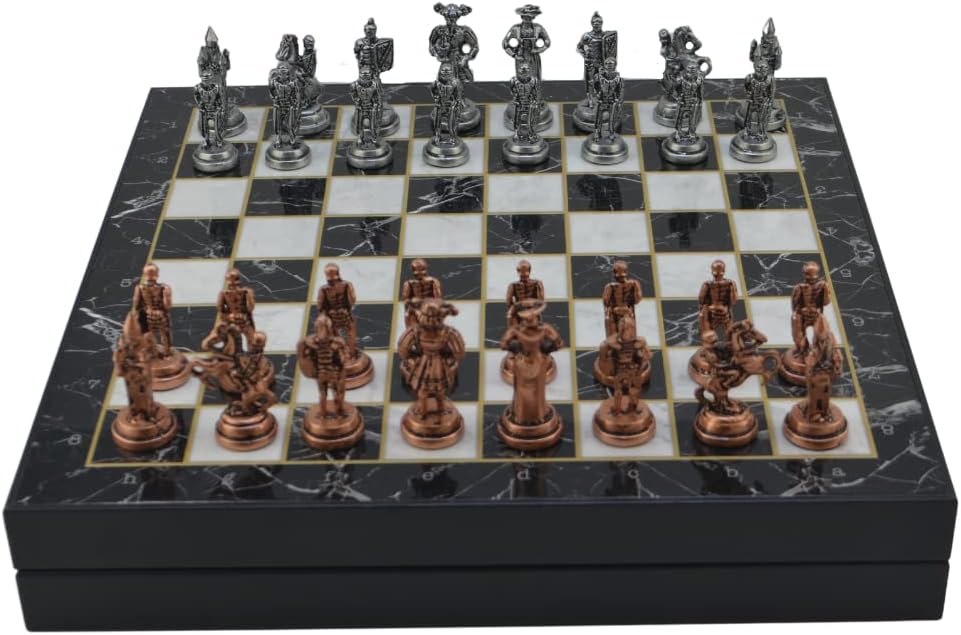Metal Chess Set for Adults Historical Spanish Guards Antique Copper Figures,Handmade Pieces and Different Design Wooden Chess Board with Storage (Marble)