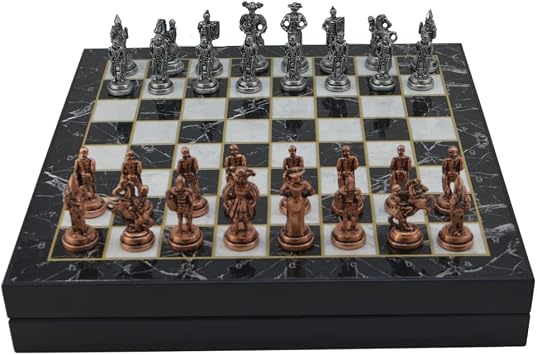 GiftHome Orta Boy Metal İspanyol Satranç Takımı Antik ve Mermer Desenli Sandıklı MDF Tahtası (36x36x6 cm.)